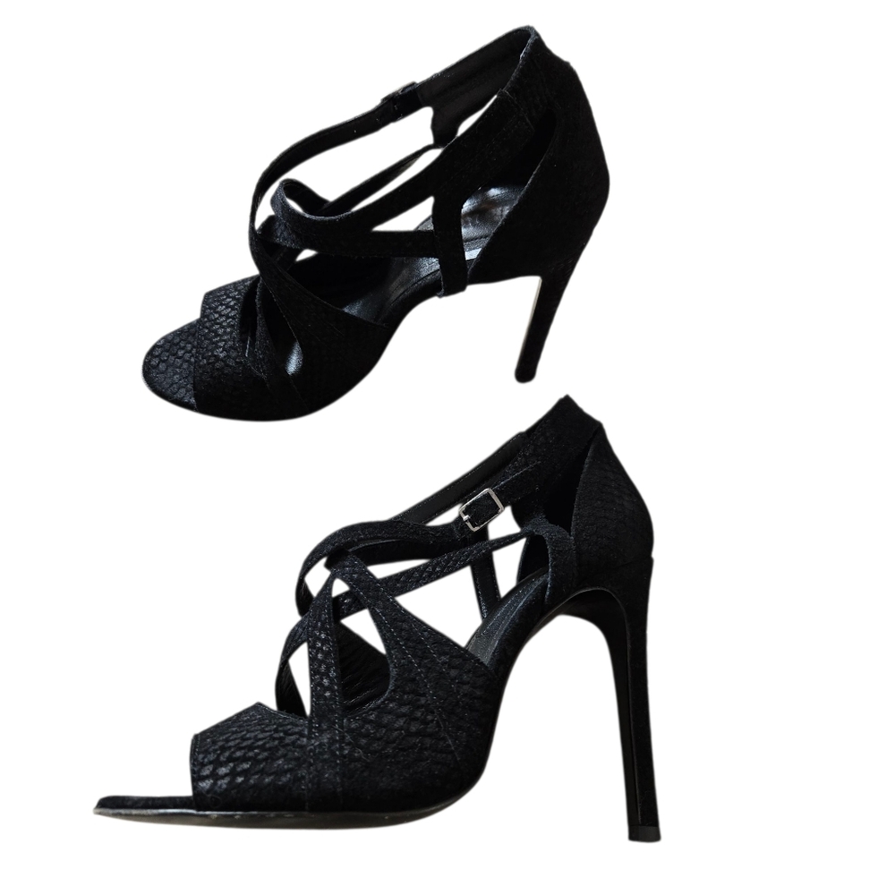 THE KOOPLES Black Suede Snake Embossed Heeled Sandals Womens Size EU 37 US 6-6.5